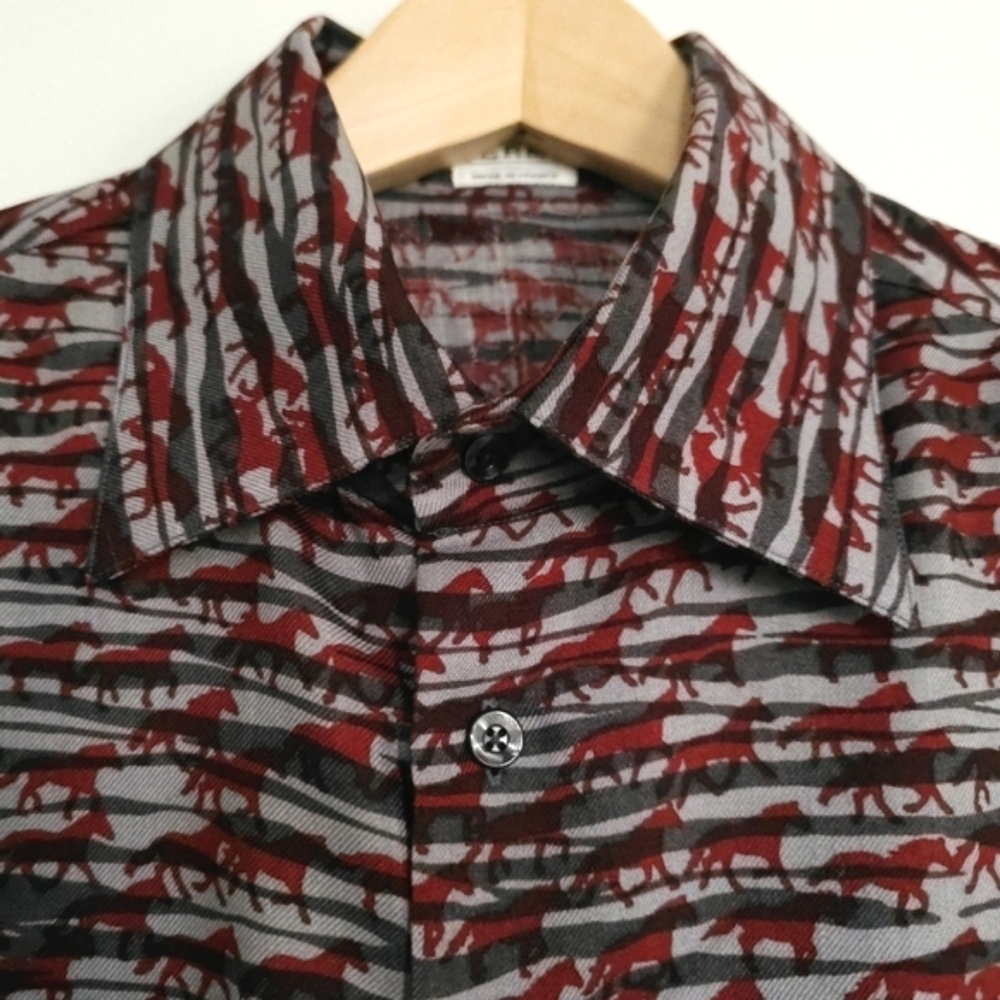 Hermes gray red horse pattern mens fall winter shirts wool silk.